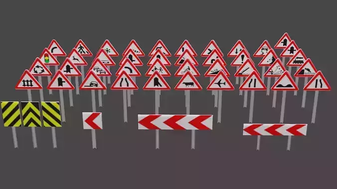 Street and traffic signs low-poly 3d models 