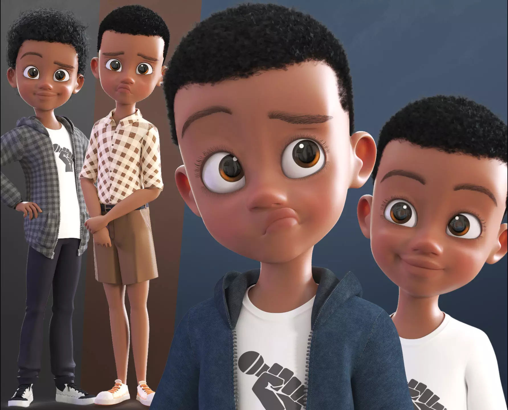 Cartoon Afro Boy 2 - Toon Rigged Child Character 3D model_0