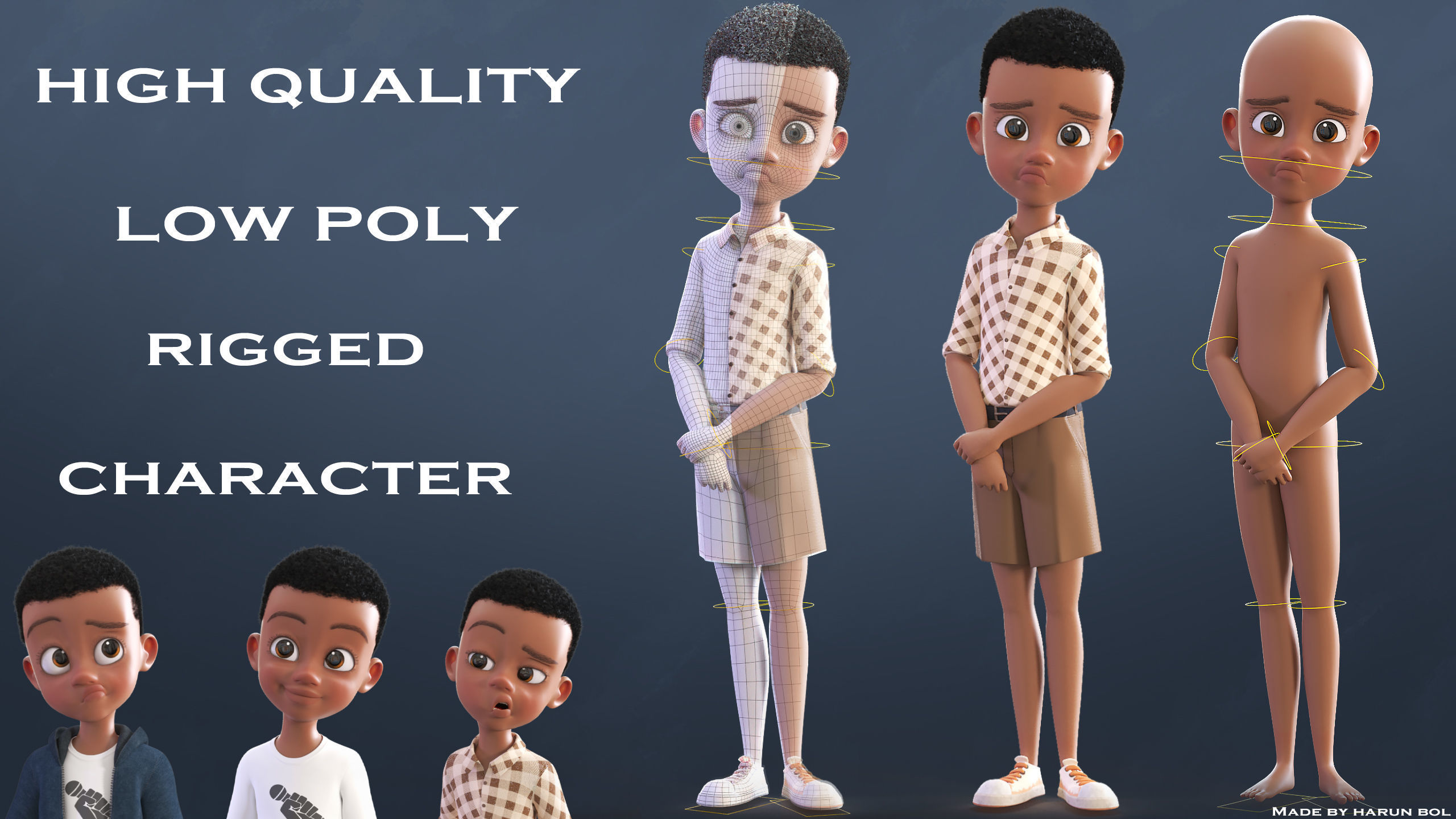 Cartoon Afro Boy 2 - Toon Rigged Child Character 3D model_21