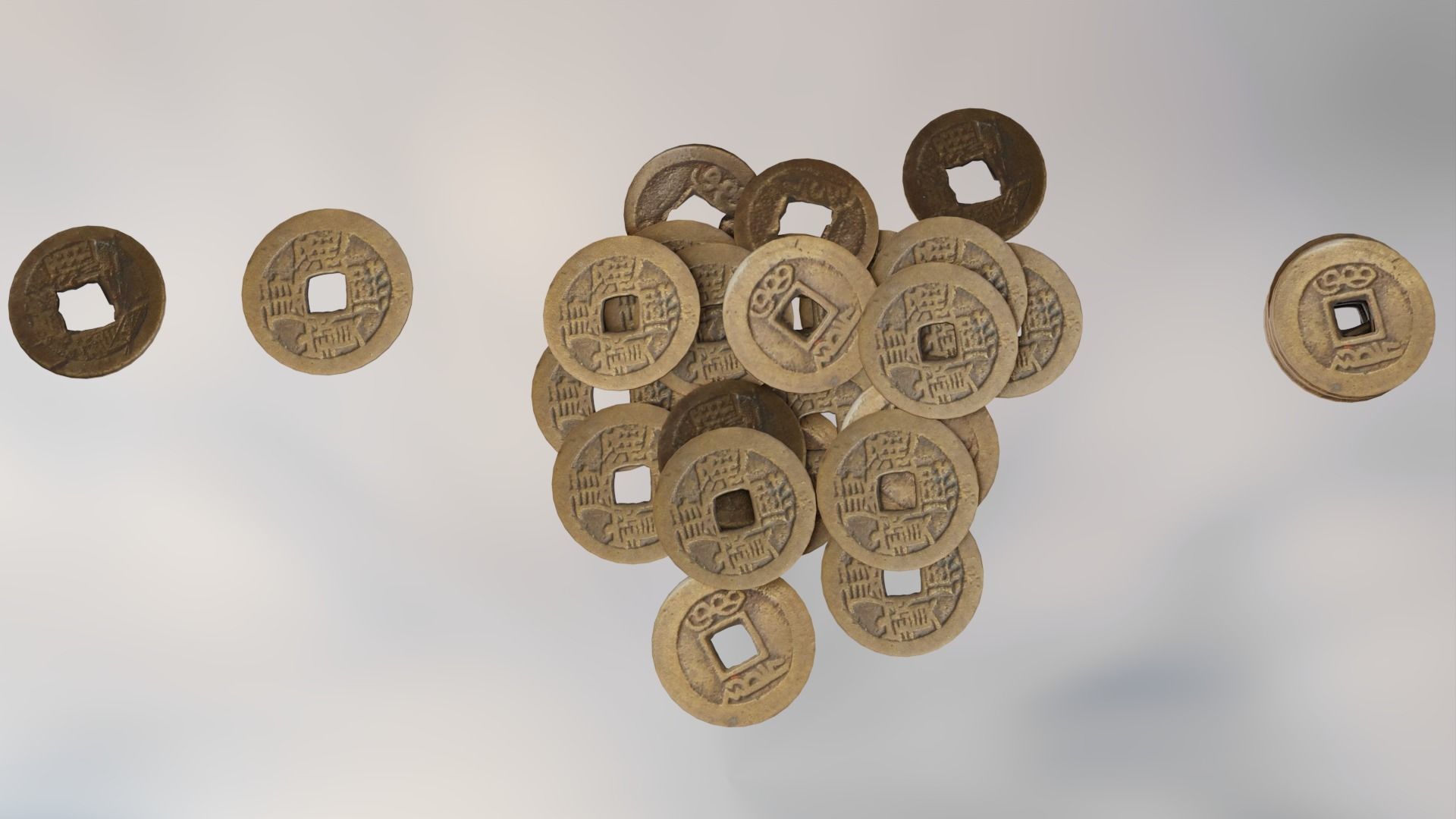 Japanese Old Coins Damaged Pile Money Currency Low-poly 3D model_2