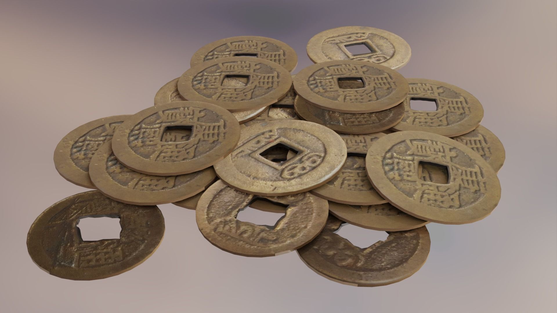 Japanese Old Coins Damaged Pile Money Currency Low-poly 3D model_1