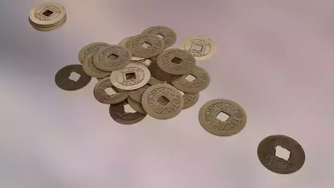 Japanese Old Coins Damaged Pile Money Currency Low-poly 3D model
