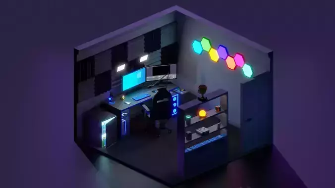Low Poly Streamer Room Isometric Scene