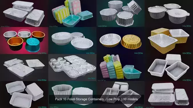 Pack 10 Food-Storage Containers - Low Poly  3D Model Collection