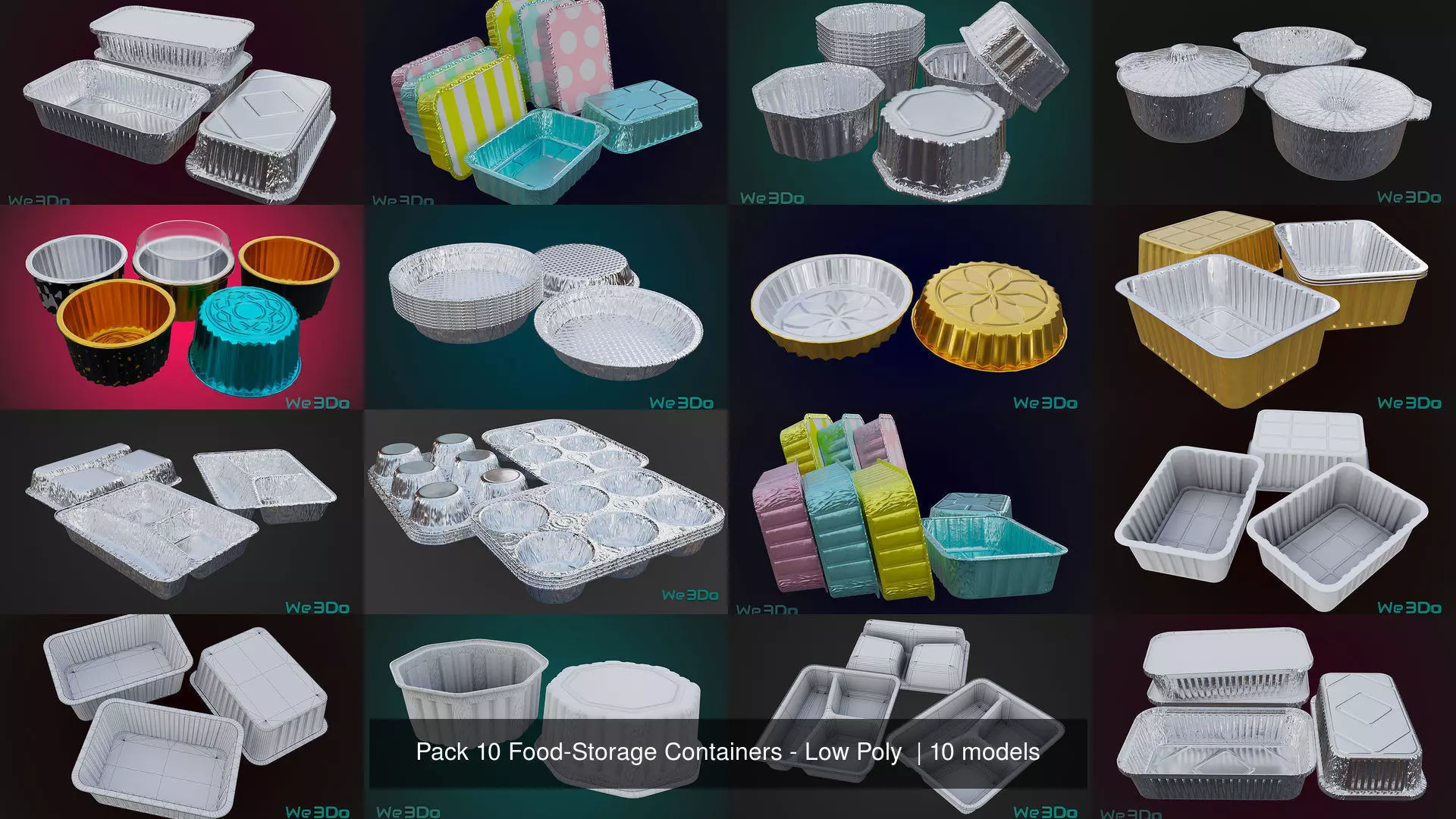 Pack 10 Food-Storage Containers - Low Poly  3D Model Collection_0