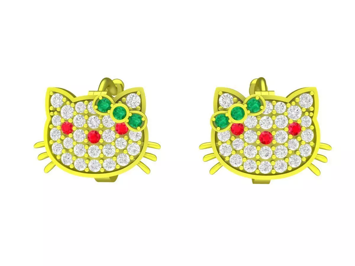 Cute Cat Face Pave Hoop Earrings 3D Model for Fine Jewelry 5897 3D print model