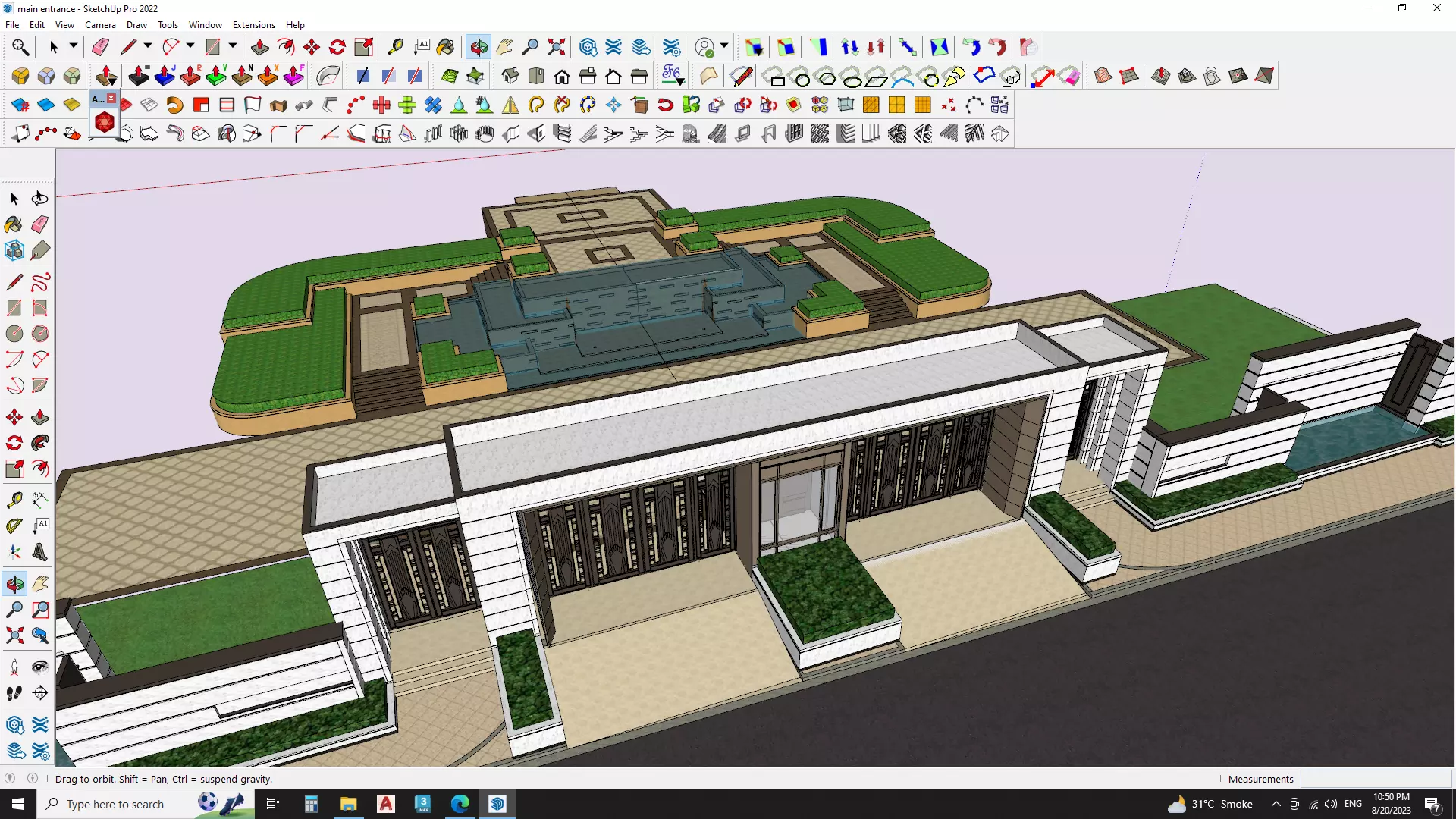 Main entrance gate with water fountain landscape 3D model_0
