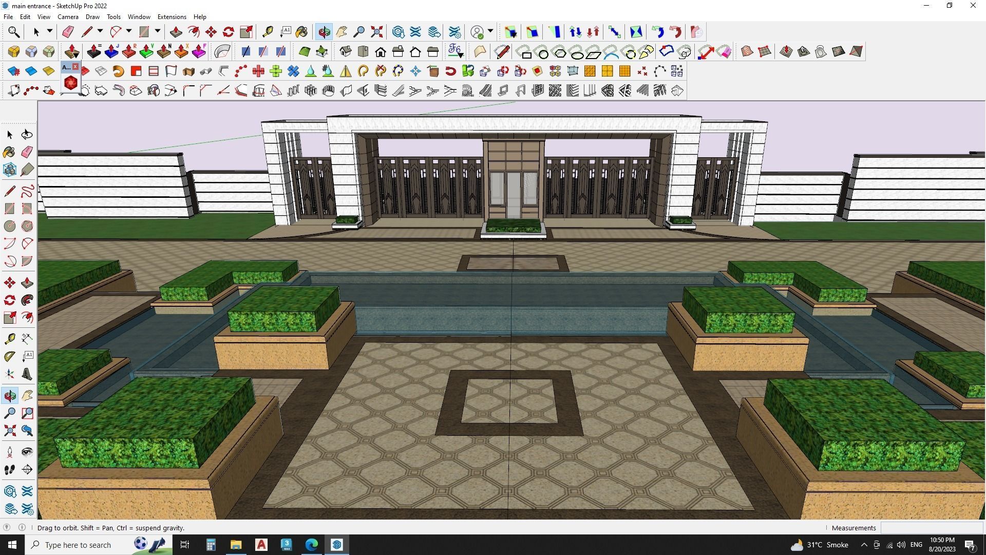 Main entrance gate with water fountain landscape 3D model_4