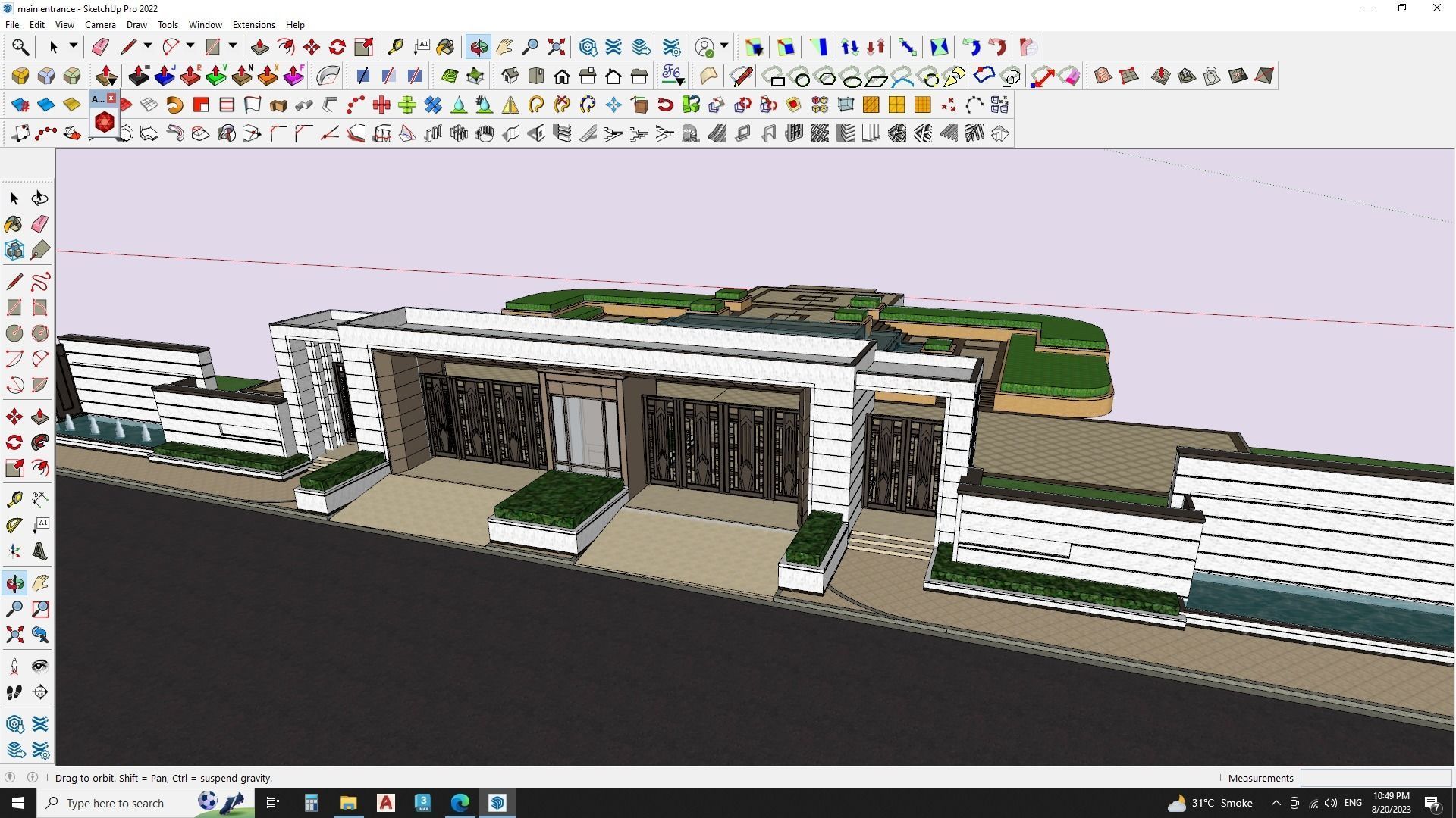 Main entrance gate with water fountain landscape 3D model_1