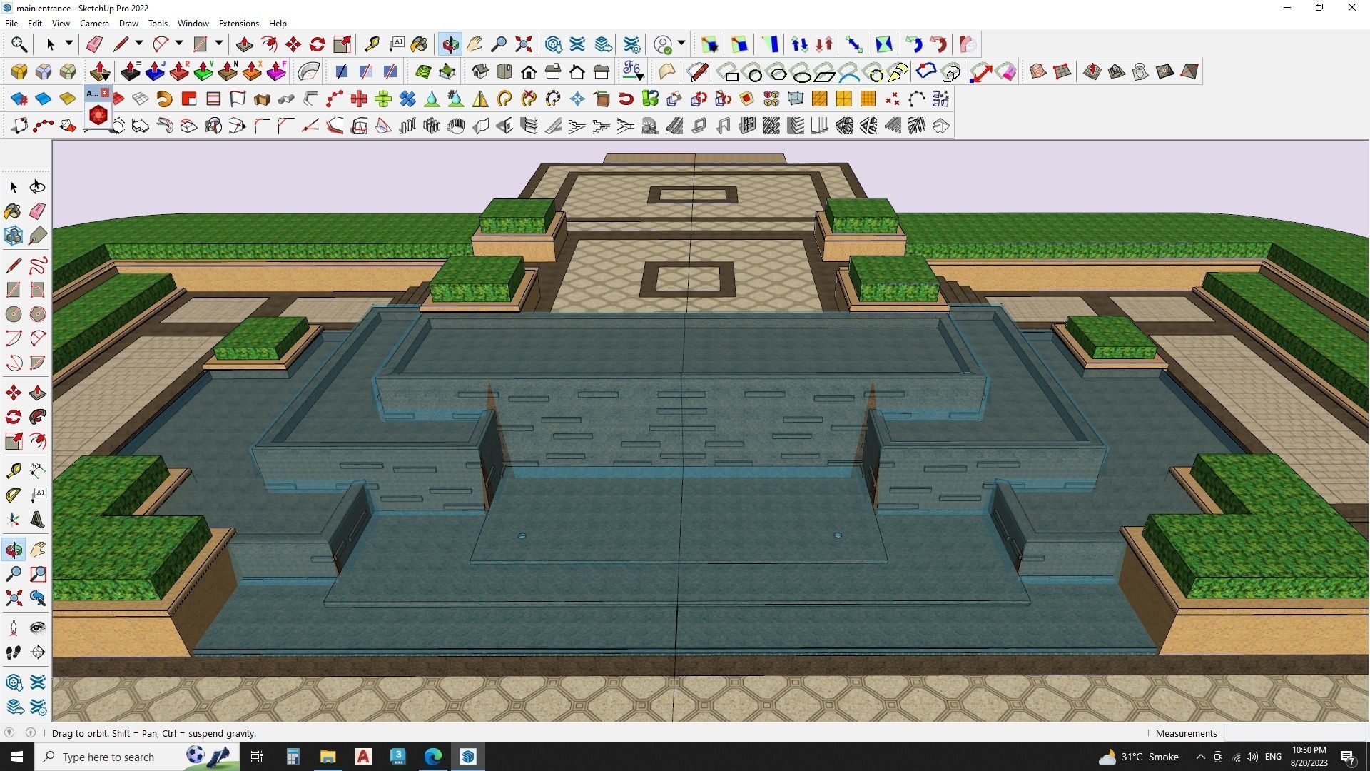 Main entrance gate with water fountain landscape 3D model_6