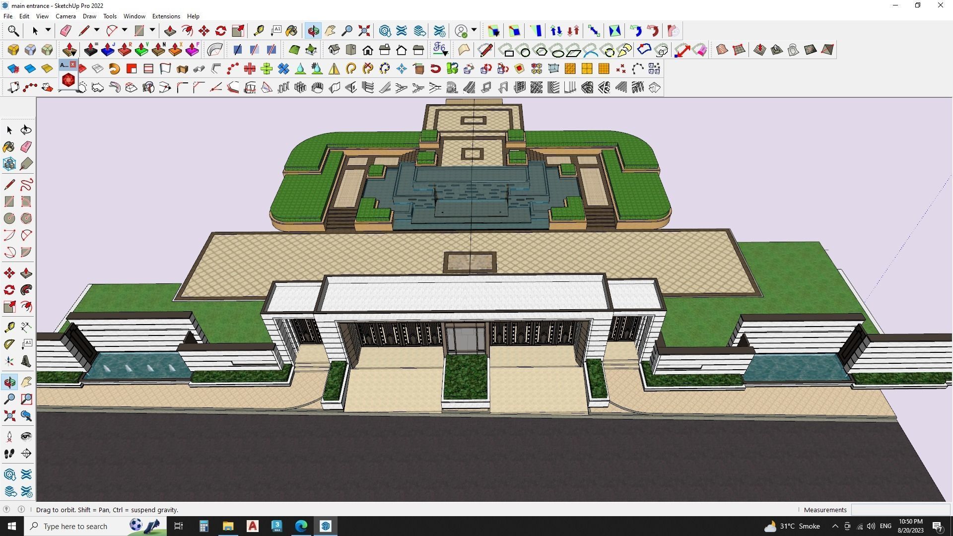 Main entrance gate with water fountain landscape 3D model_3