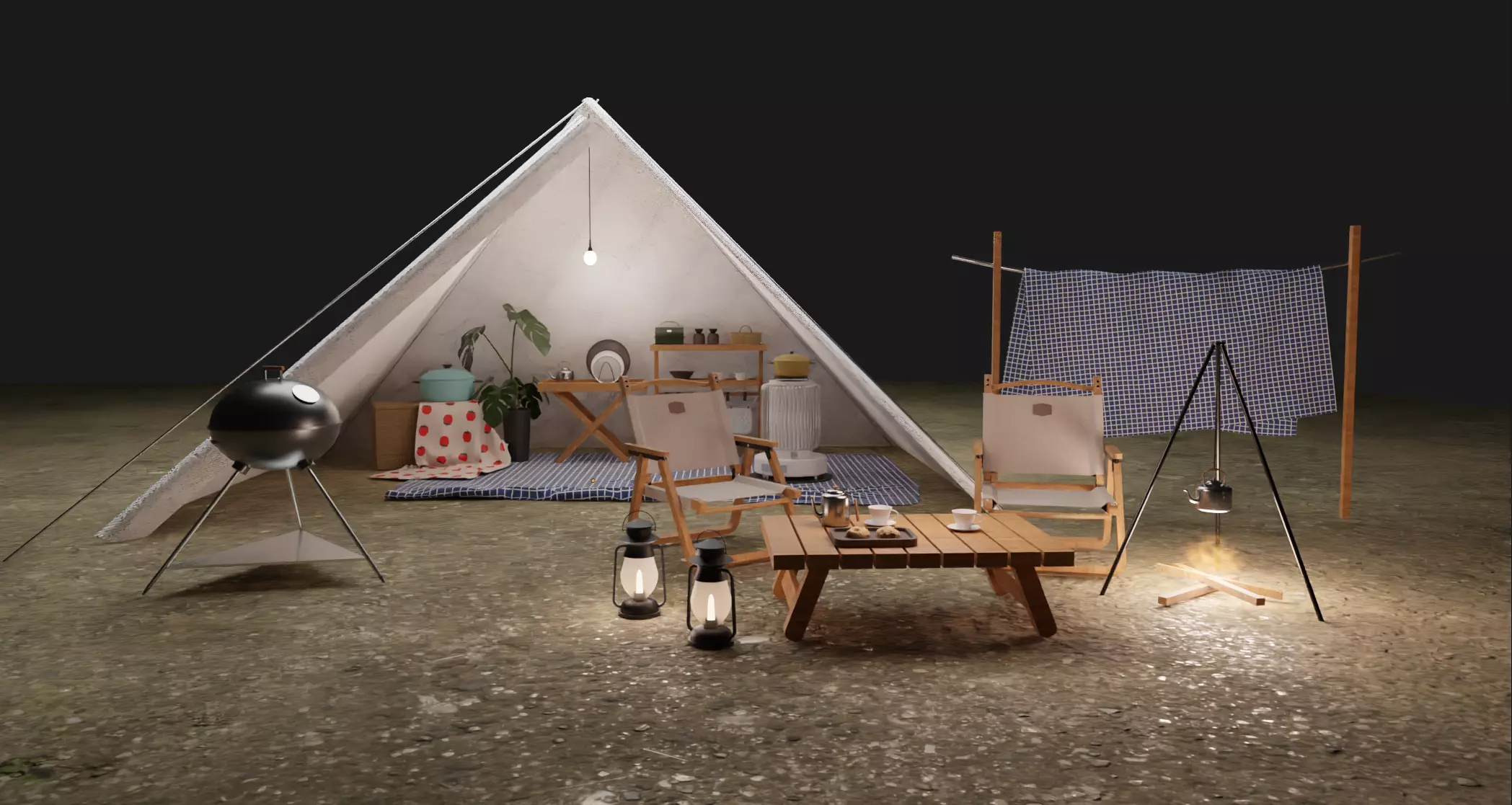 Tent camp outdoor campsite 3D model_0