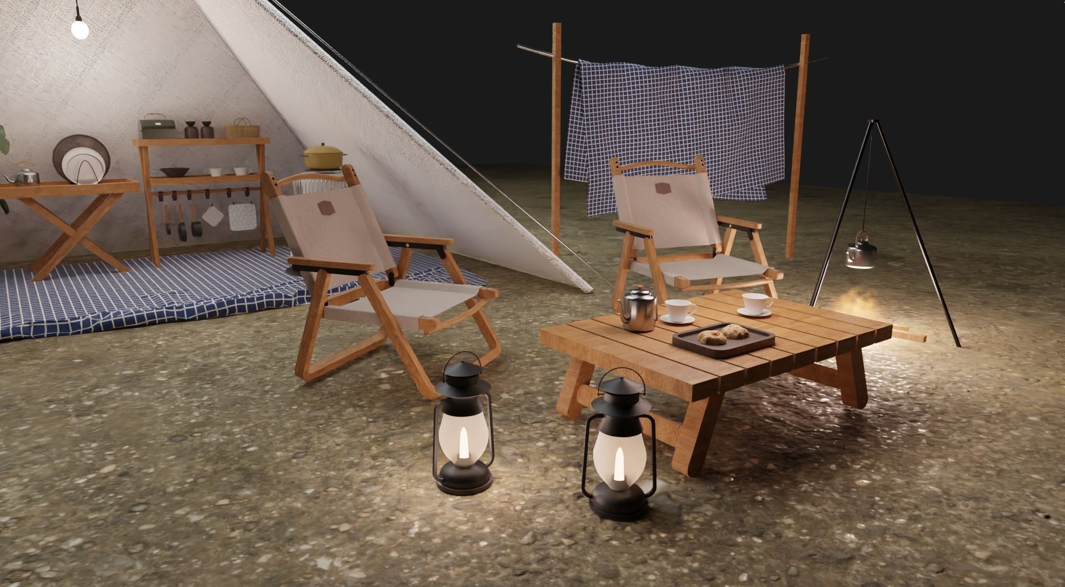Tent camp outdoor campsite 3D model_3