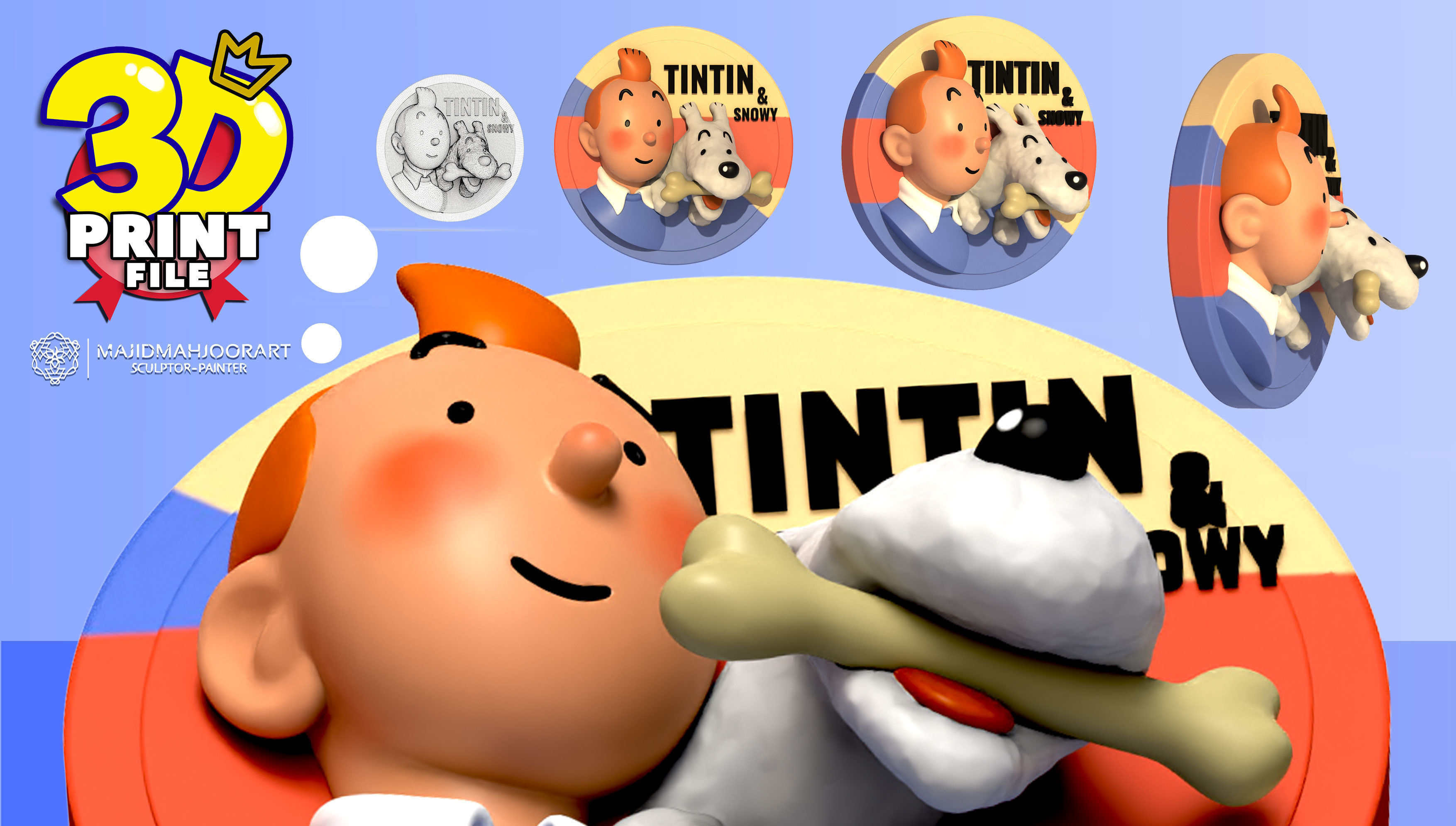 TINTIN and Snowy Or Milou Wall relief 3D printable STL file 3D print model_7