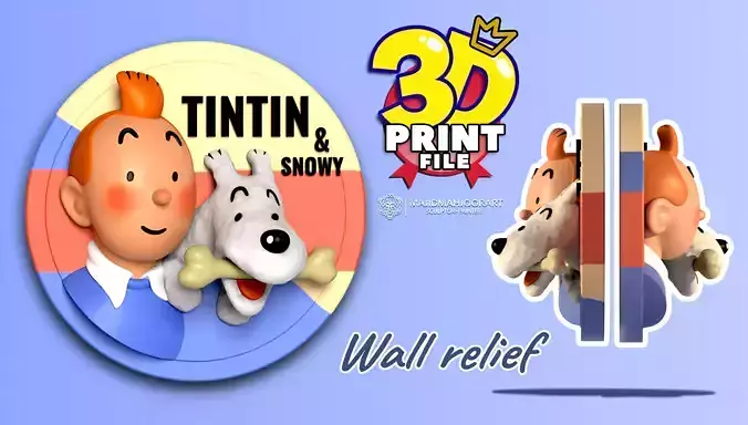 TINTIN and Snowy Or Milou  Wall relief 3D printable STL file 3D print model