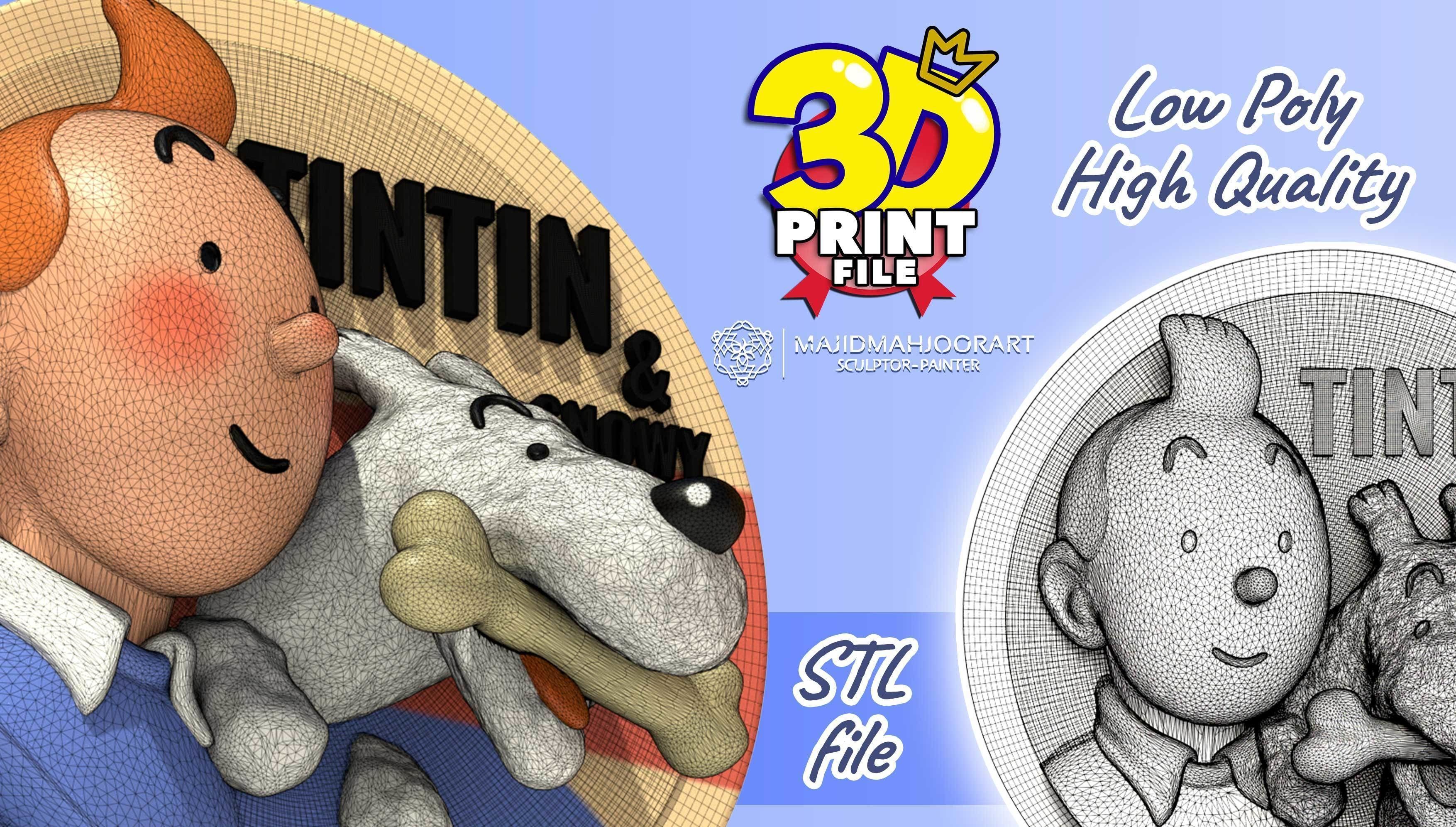 TINTIN and Snowy Or Milou Wall relief 3D printable STL file 3D print model_4