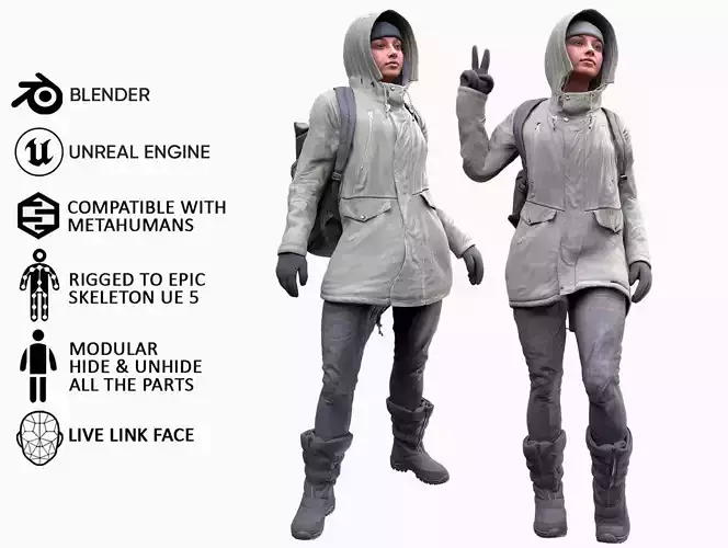 Woman - Winter Outfit 2 - Modular - Rigged Low-poly 3D model