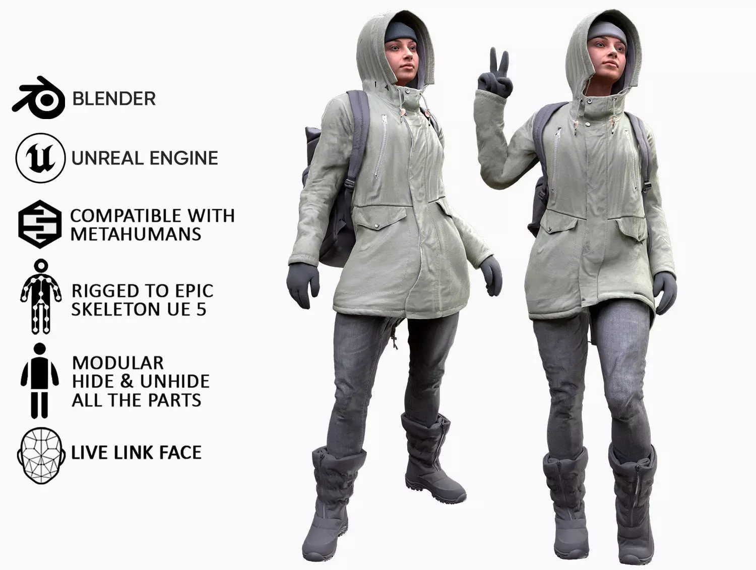 Woman - Winter Outfit 2 - Modular - Rigged Low-poly 3D model_0