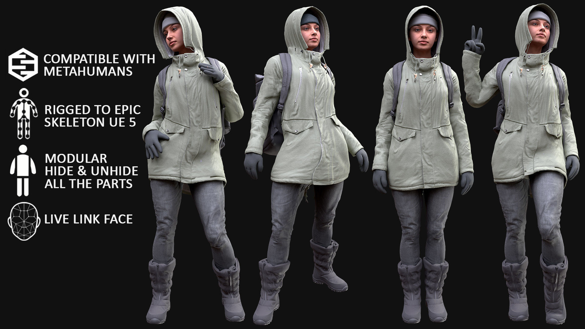 Woman - Winter Outfit 2 - Modular - Rigged Low-poly 3D model_3