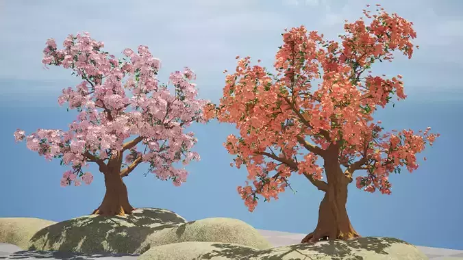 Cherry trees in full bloom in orange and pink colors Low-poly 3D model