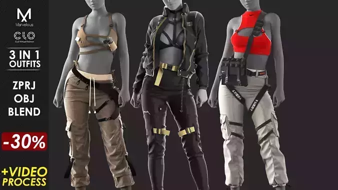3 in 1 Outfit  - Marvelous Designer with Video Process 3D Model Collection