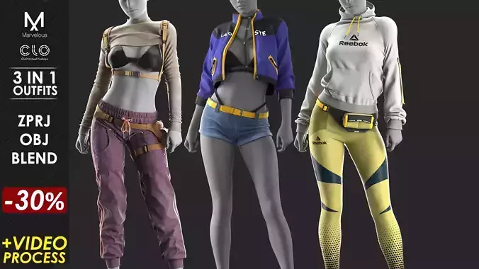 3 in 1 Outfit  - Marvelous Designer with Video Process 3D Model Collection
