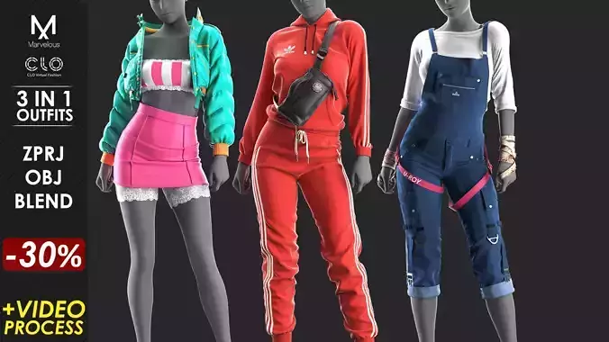 3 in 1 Outfit  - Marvelous Designer with Video Process 3D Model Collection