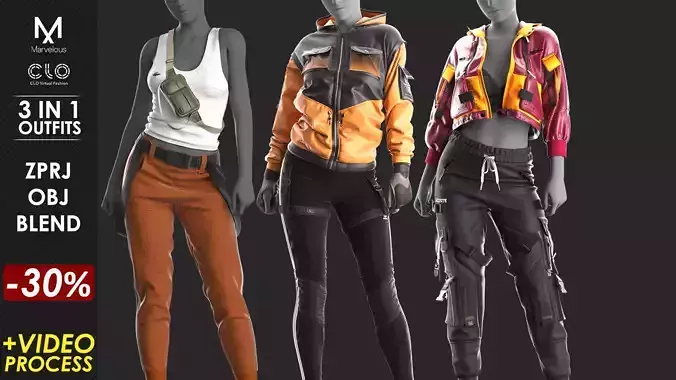 3 in 1 Outfit  - Marvelous Designer with Video Process 3D Model Collection
