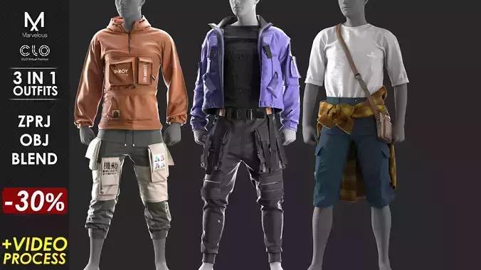 3 in 1 Outfit  - Marvelous Designer with Video Process 3D Model Collection