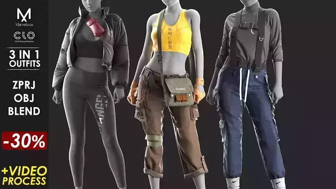 3 in 1 Outfit  - Marvelous Designer with Video Process 3D Model Collection
