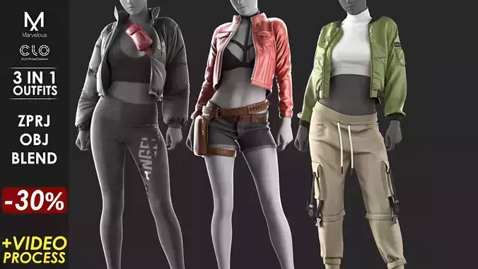 3 in 1 Outfit  - Marvelous Designer with Video Process 3D Model Collection