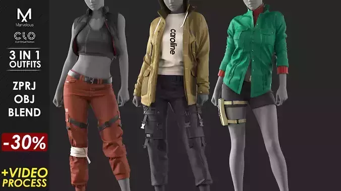 3 in 1 Outfit  - Marvelous Designer with Video Process 3D Model Collection