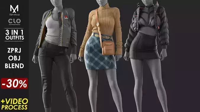 3 in 1 Outfit  - Marvelous Designer with Video Process 3D Model Collection