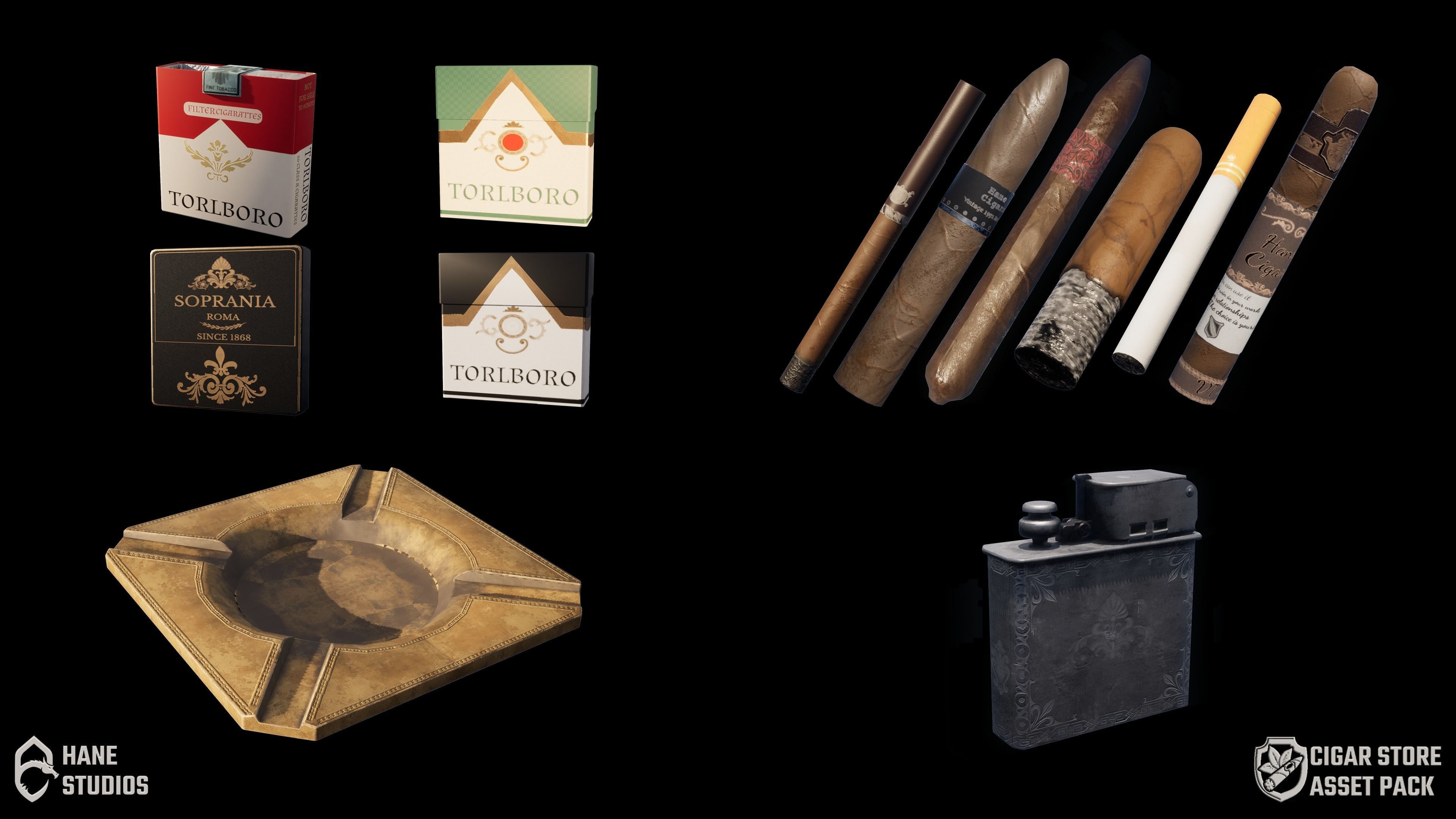 Cigar Pack - Cigars Cigarettes Ashtrays and Zippo - 15 Model Low-poly 3D model_1