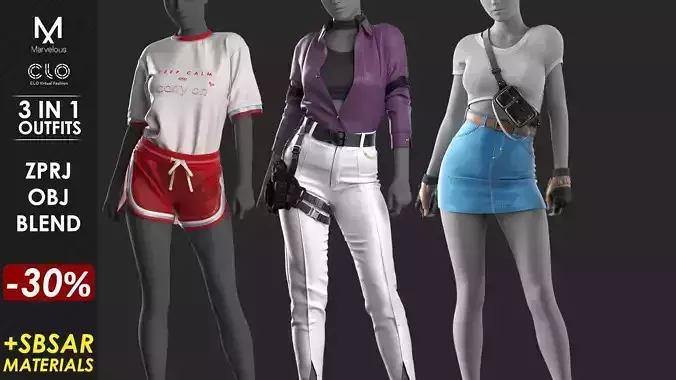 3 in 1 Outfit  - Marvelous Designer 3D Model Collection