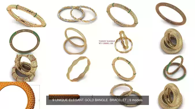 9 UNIQUE ELEGANT GOLD BANGLE BRACELET 3D Model Collection 9 UNIQUE ELEGANT GOLD BANGLE BRACELET 3D Model Collection