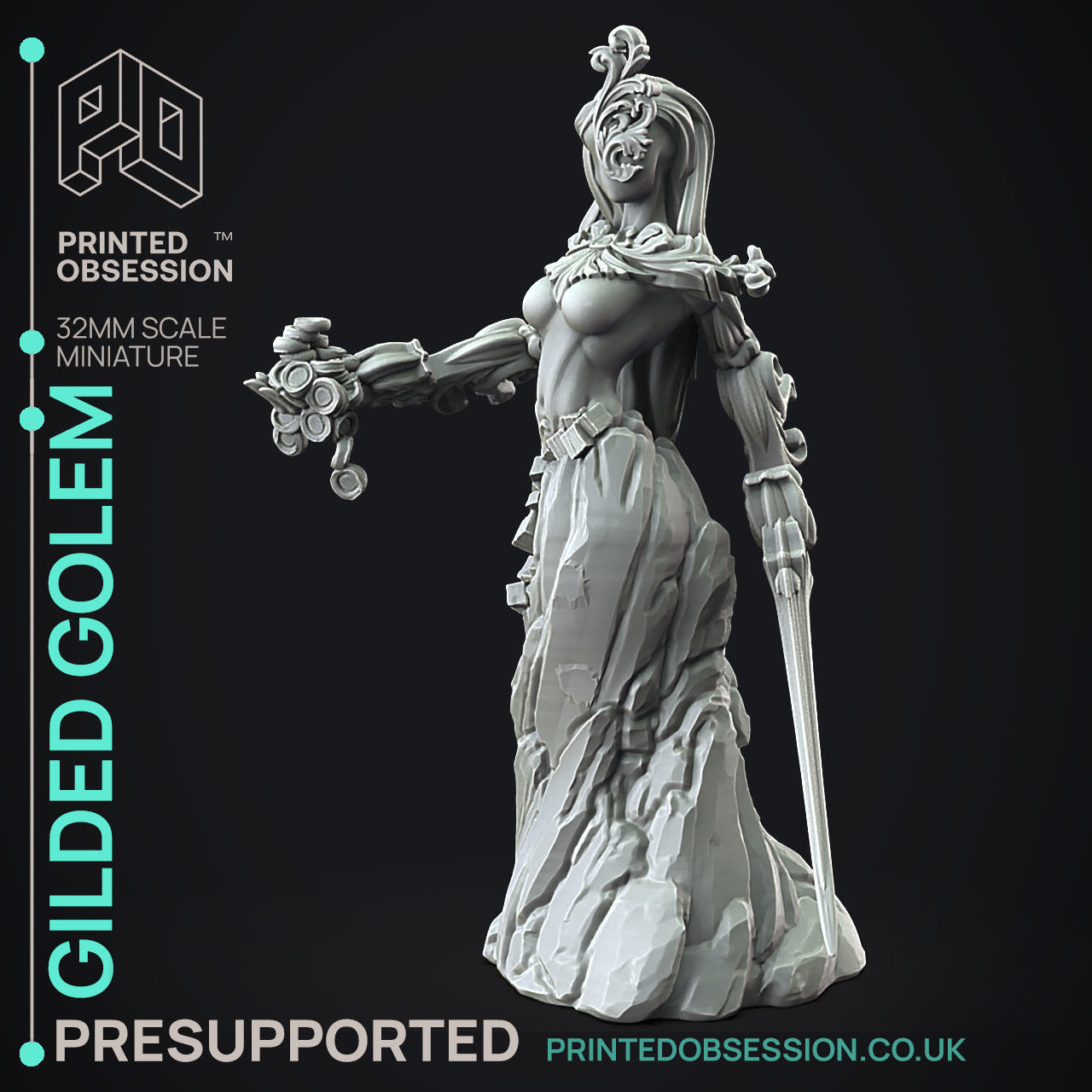 Gilded Golem -3D Printable TTRPG - PRESUPPORTED - 32mm Scale  3D print model_5