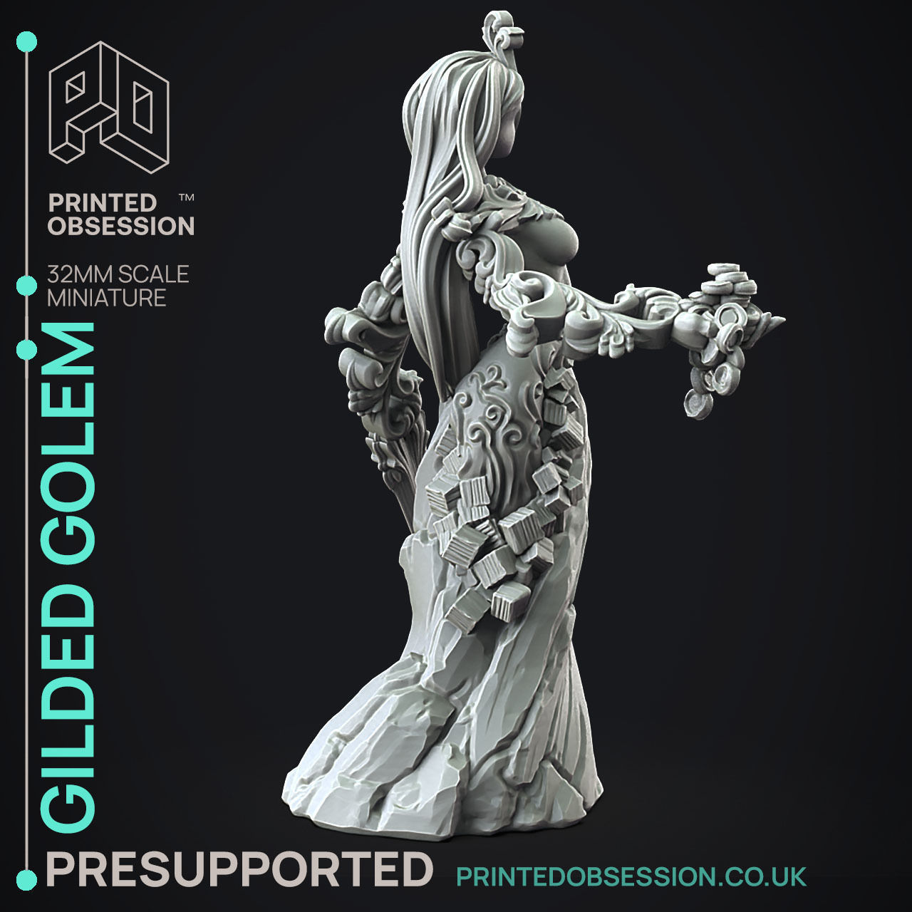 Gilded Golem -3D Printable TTRPG - PRESUPPORTED - 32mm Scale  3D print model_3