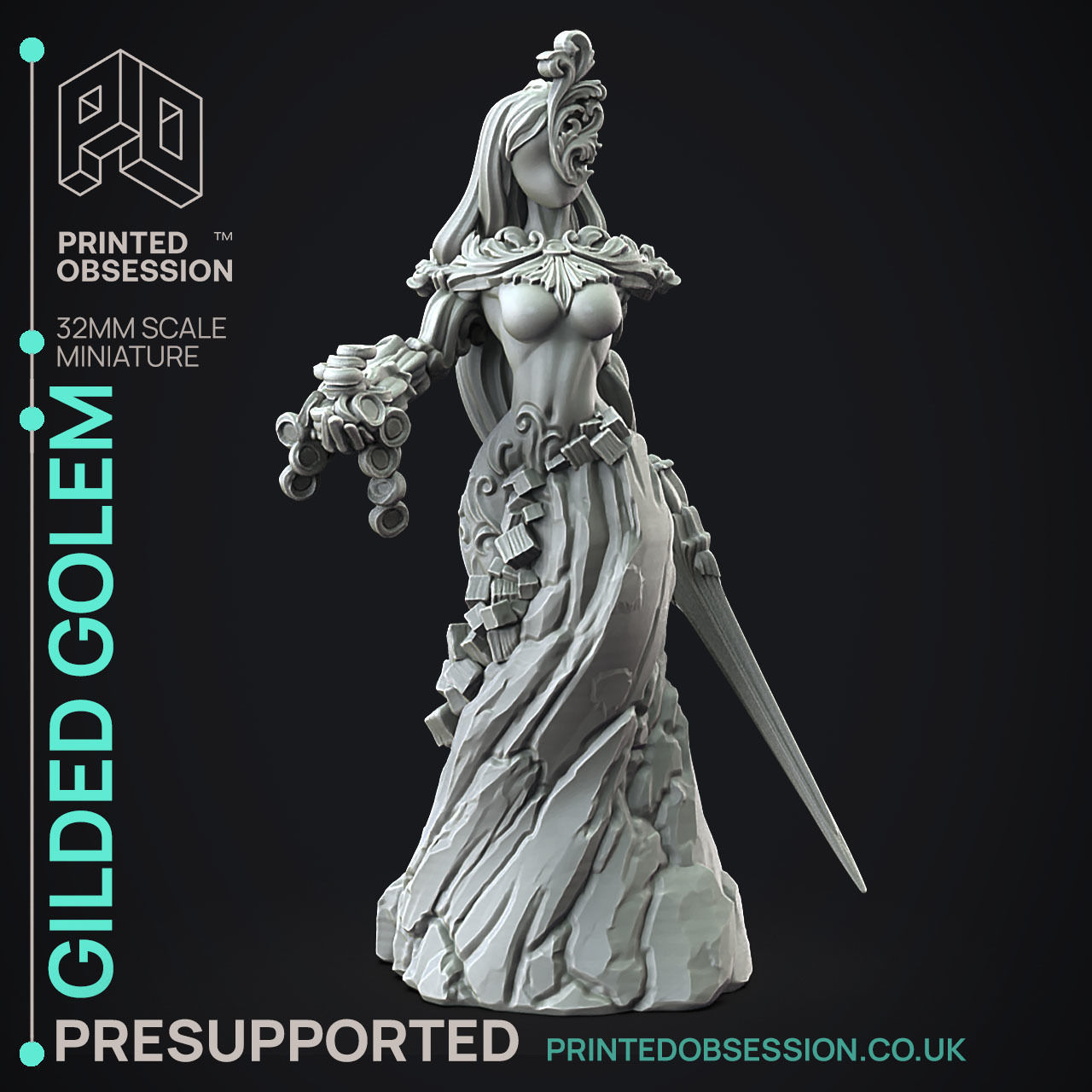 Gilded Golem -3D Printable TTRPG - PRESUPPORTED - 32mm Scale  3D print model_1