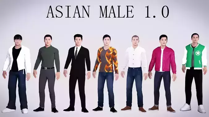 Realistic 7 Asian Male Characters Low-poly 3D model
