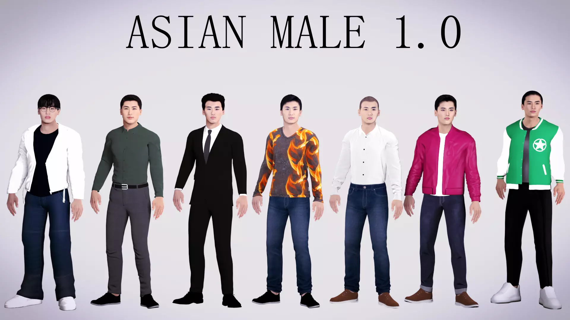 Realistic 7 Asian Male Characters Low-poly 3D model_0