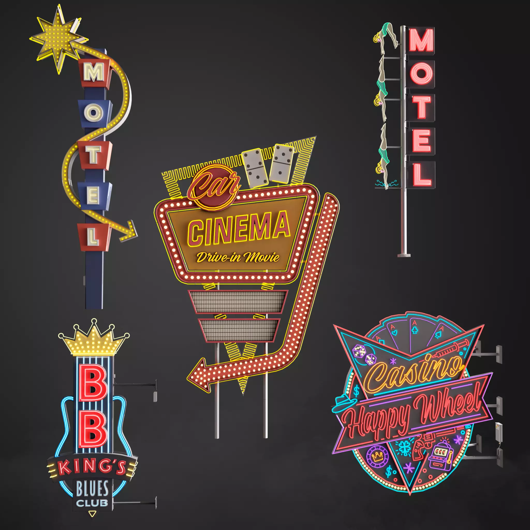 5 Neon signs in 3 types Low-poly 3D model_0