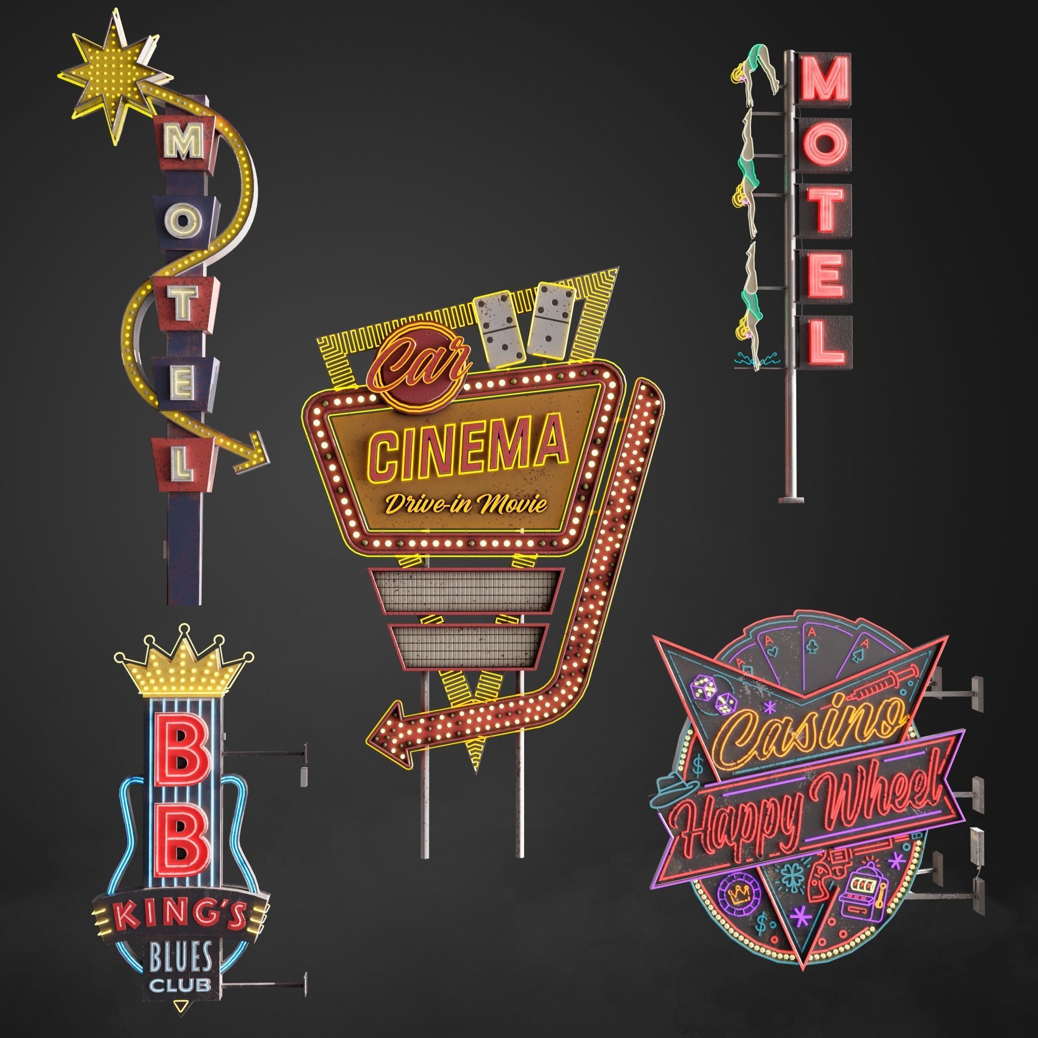 5 Neon signs in 3 types Low-poly 3D model_1