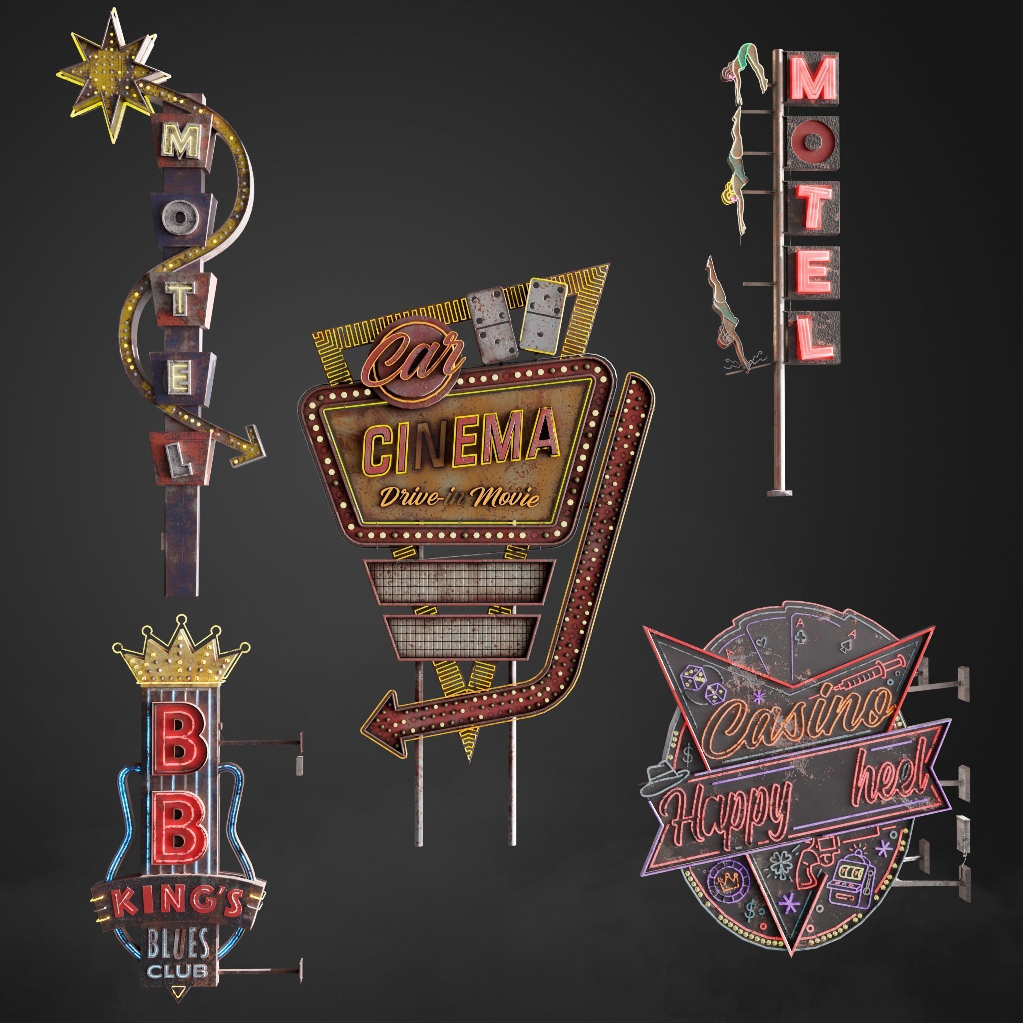 5 Neon signs in 3 types Low-poly 3D model_2