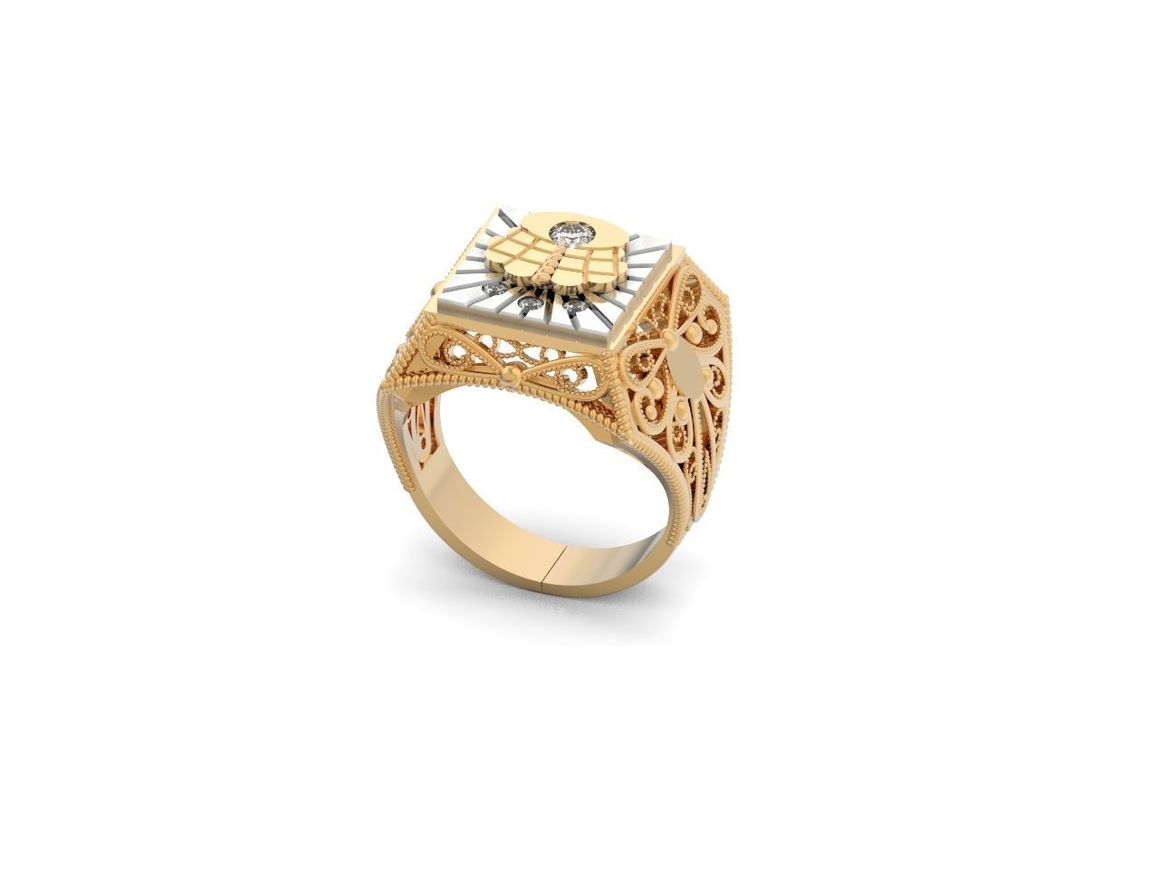 mens signet ring with a crown and patterns on the sides  901 3D print model_18