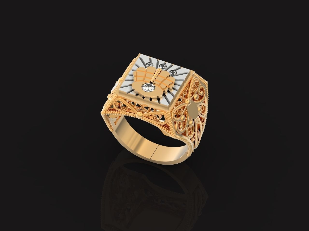 mens signet ring with a crown and patterns on the sides  901 3D print model_1