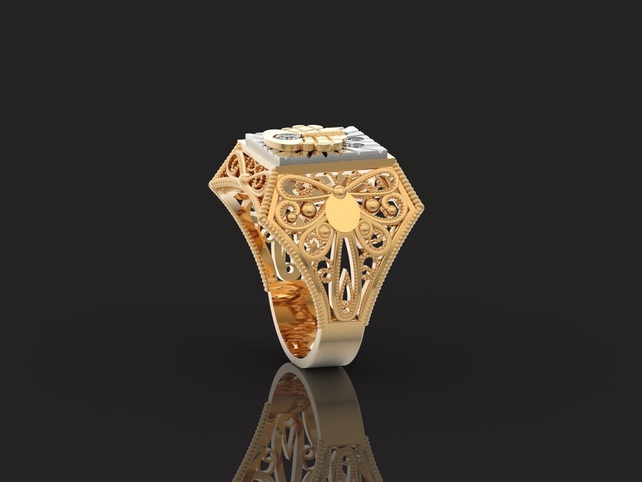 mens signet ring with a crown and patterns on the sides  901 3D print model_21