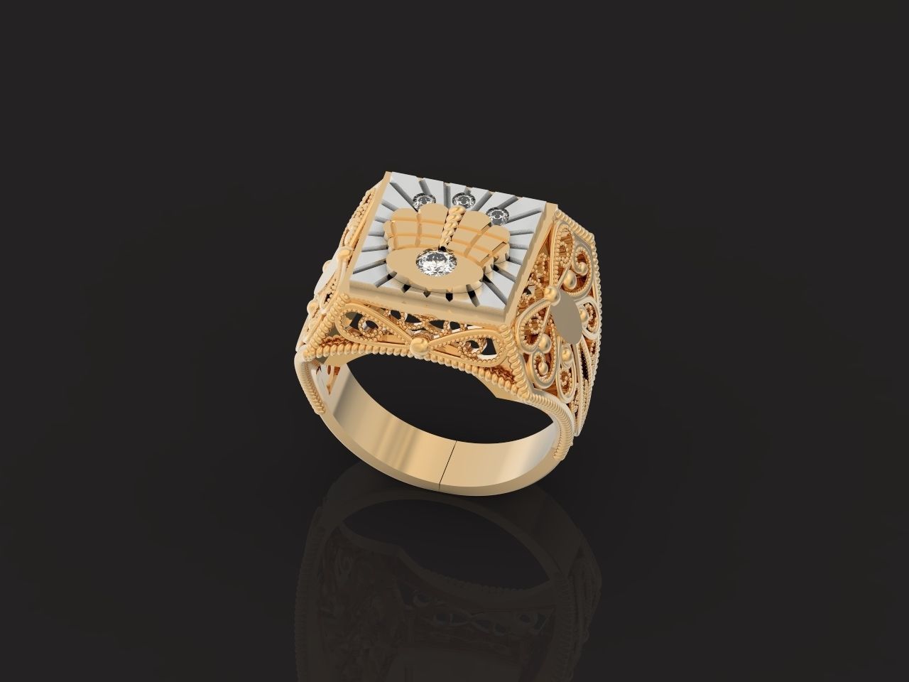 mens signet ring with a crown and patterns on the sides  901 3D print model_22