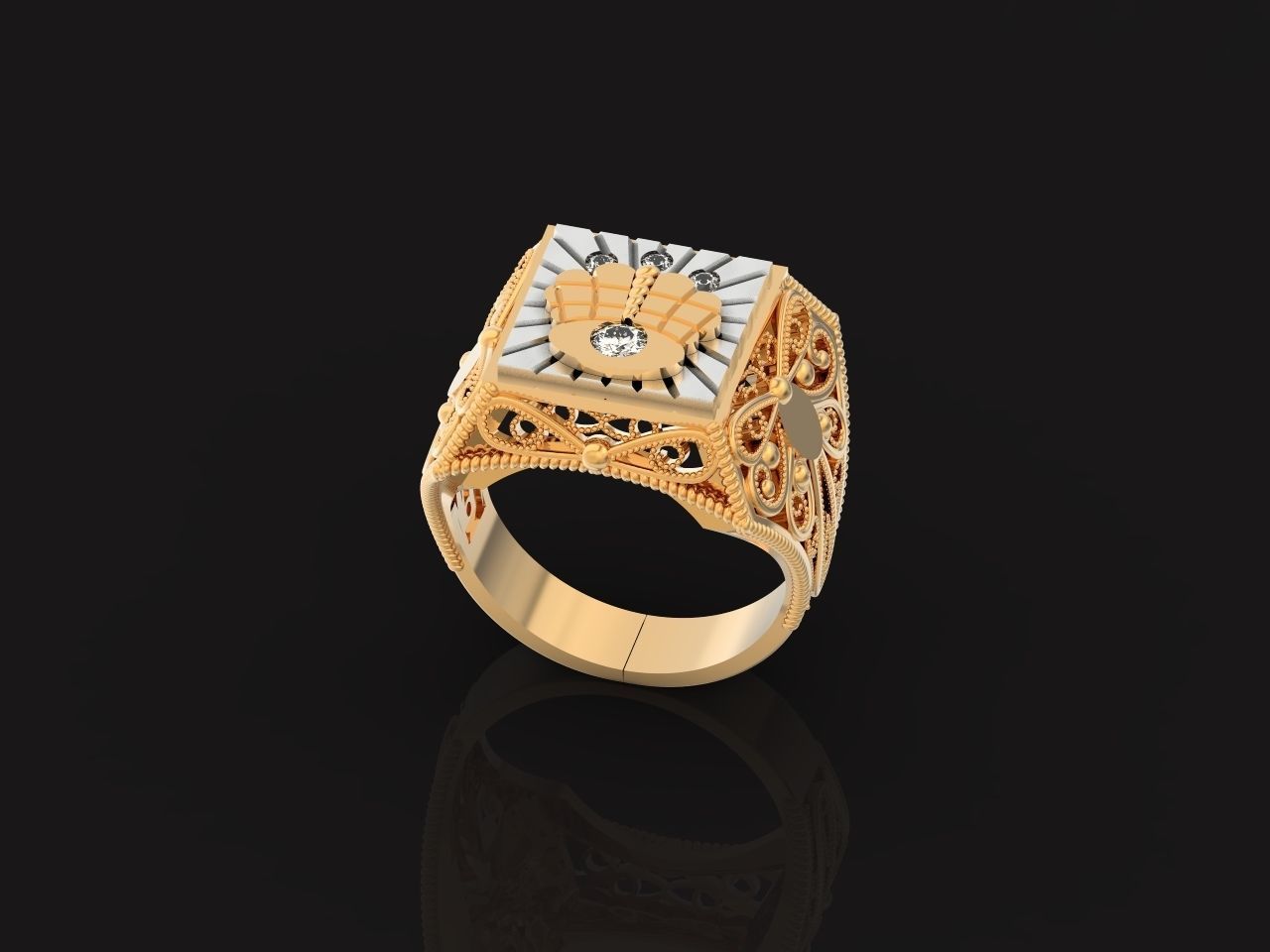 mens signet ring with a crown and patterns on the sides  901 3D print model_30