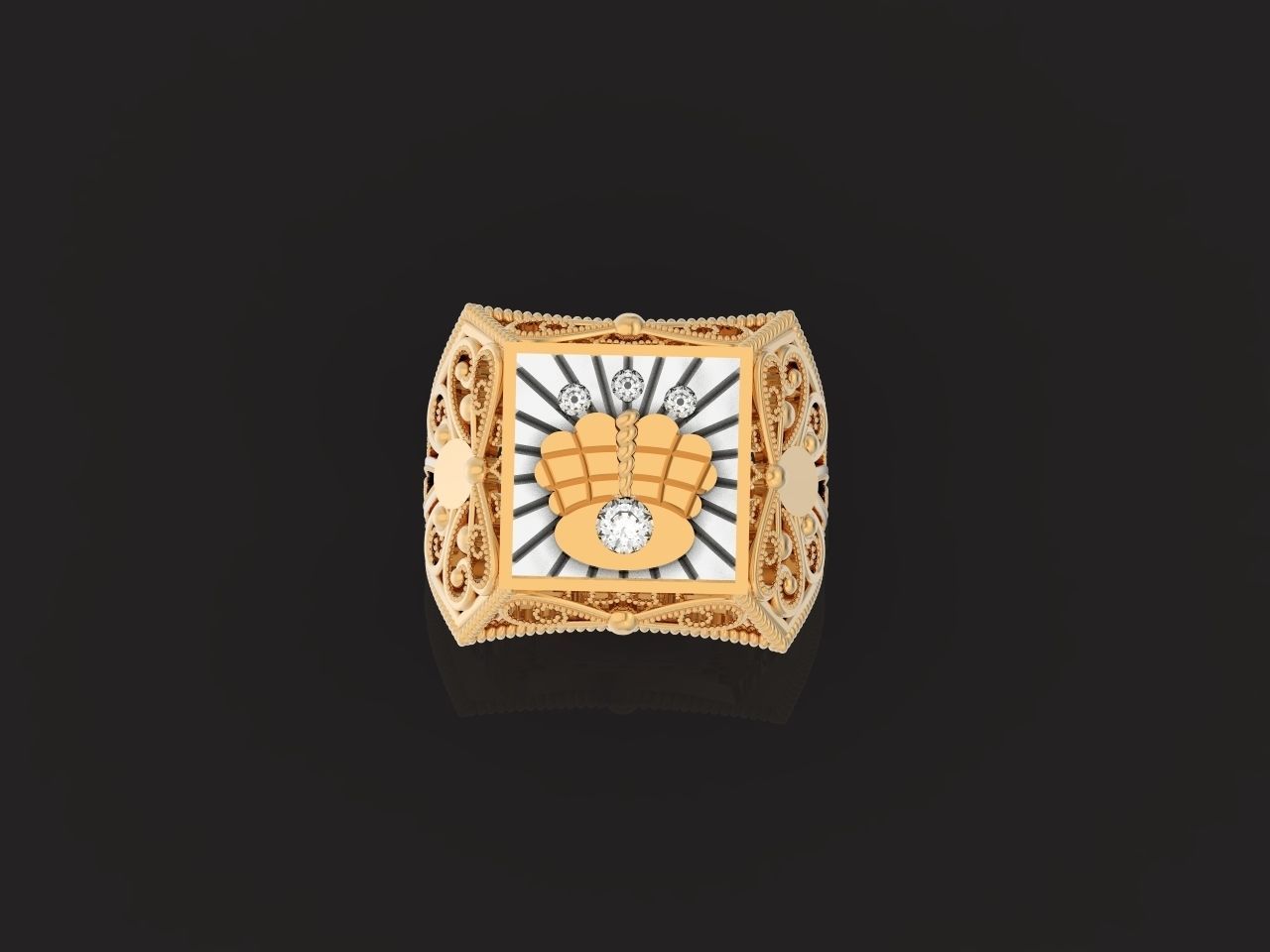 mens signet ring with a crown and patterns on the sides  901 3D print model_19
